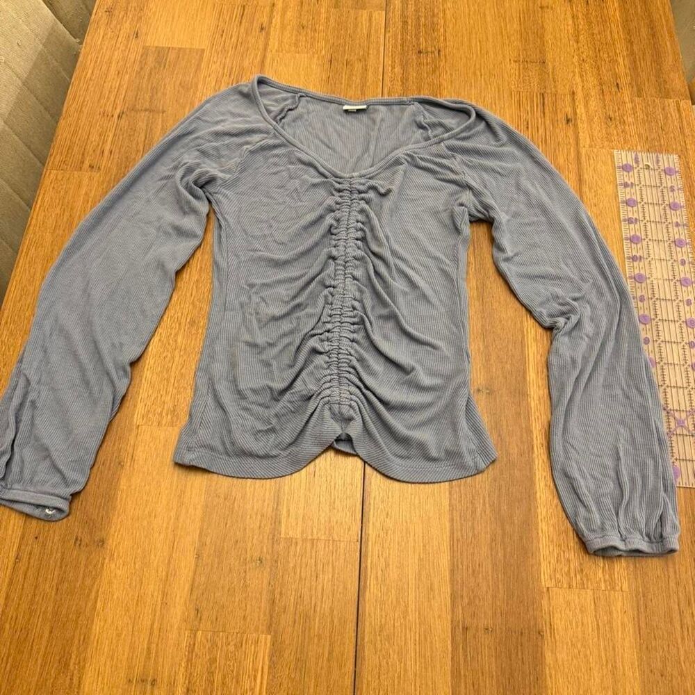 Lascana Women's Ruched Front Long Sleeve Ribbed Top - Slate Blue (Medium)